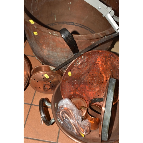 602 - A COLLECTION OF COPPER WARES, to include a Victorian twelve gallon cauldron stamped A&L, approximate... 