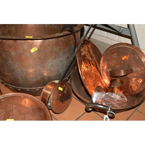 602 - A COLLECTION OF COPPER WARES, to include a Victorian twelve gallon cauldron stamped A&L, approximate... 