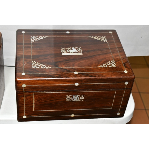 605 - A VICTORIAN MOTHER OF PEARL INLAY VANITY AND JEWELLERY BOX, the fitted interior with silver plate mo... 