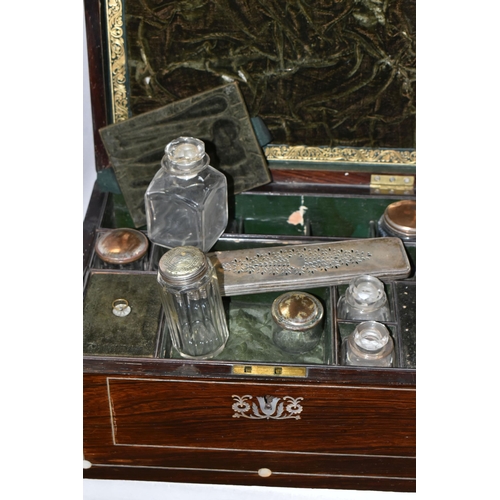 605 - A VICTORIAN MOTHER OF PEARL INLAY VANITY AND JEWELLERY BOX, the fitted interior with silver plate mo... 