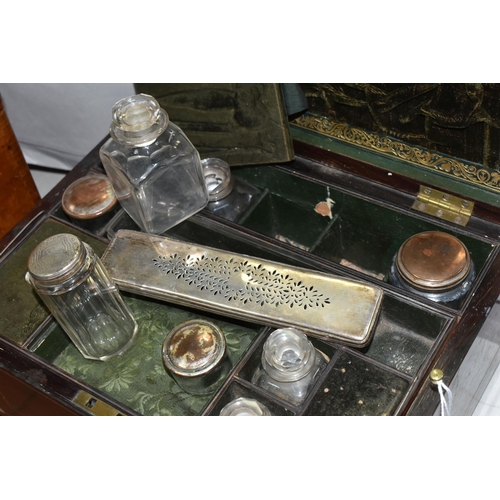 605 - A VICTORIAN MOTHER OF PEARL INLAY VANITY AND JEWELLERY BOX, the fitted interior with silver plate mo... 