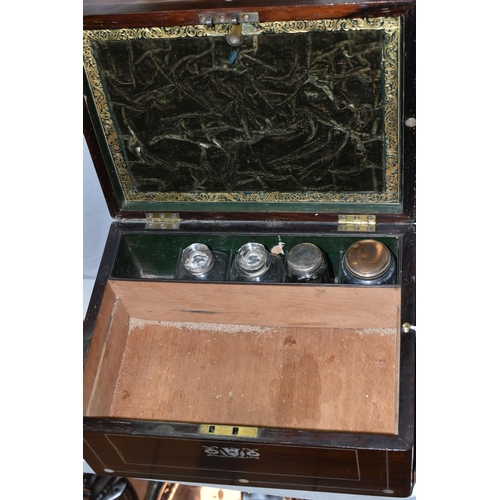 605 - A VICTORIAN MOTHER OF PEARL INLAY VANITY AND JEWELLERY BOX, the fitted interior with silver plate mo... 