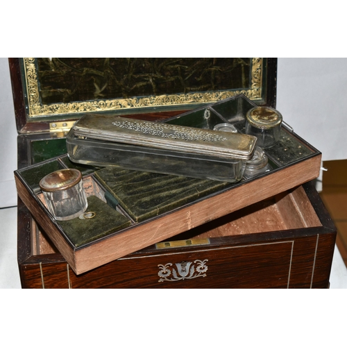 605 - A VICTORIAN MOTHER OF PEARL INLAY VANITY AND JEWELLERY BOX, the fitted interior with silver plate mo... 