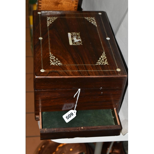 605 - A VICTORIAN MOTHER OF PEARL INLAY VANITY AND JEWELLERY BOX, the fitted interior with silver plate mo... 