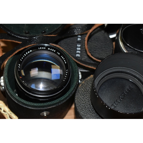 606 - ONE BOX OF CAMERA LENSES, to include two boxed Miranda auto EC lens 50mm f:1.8, a Miranda Soligor 1:... 