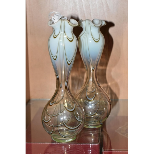 401 - A PAIR OF THOMAS WEBB FILOMENTOSA VASES, the opalescent to clear vases with brown and white featheri... 