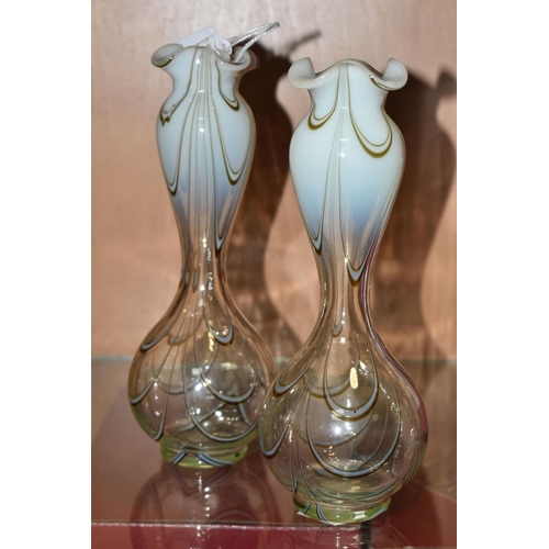 401 - A PAIR OF THOMAS WEBB FILOMENTOSA VASES, the opalescent to clear vases with brown and white featheri... 