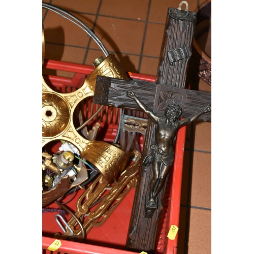 457 - TWO BOXES OF METALWARE, LIGHTING AND THREE LARGE CRUCIFIXES, to include a desk top brass crucifix, l... 