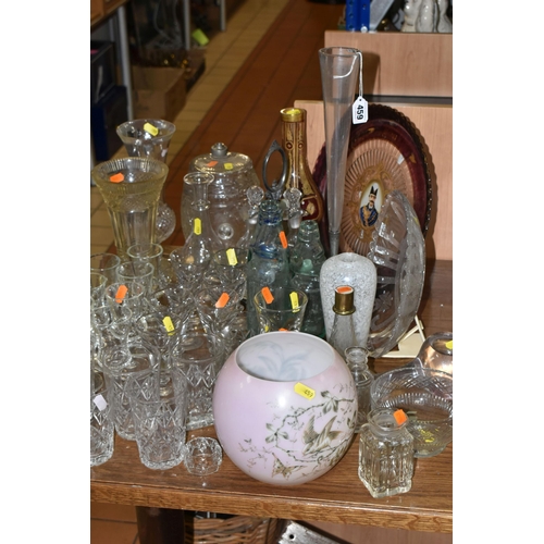 459 - A COLLECTION OF 19TH AND EARLY 20TH CENTURY GLASSWARE, comprising a pale pink oil lampshade decorate... 