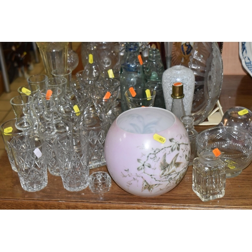 459 - A COLLECTION OF 19TH AND EARLY 20TH CENTURY GLASSWARE, comprising a pale pink oil lampshade decorate... 