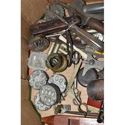 460 - TWO BOXES OF DOOR FURNITURE, VINTAGE TOOLS AND MISCELLANEOUS SUNDRIES, to include three vintage Diss... 