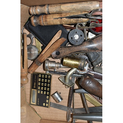 460 - TWO BOXES OF DOOR FURNITURE, VINTAGE TOOLS AND MISCELLANEOUS SUNDRIES, to include three vintage Diss... 