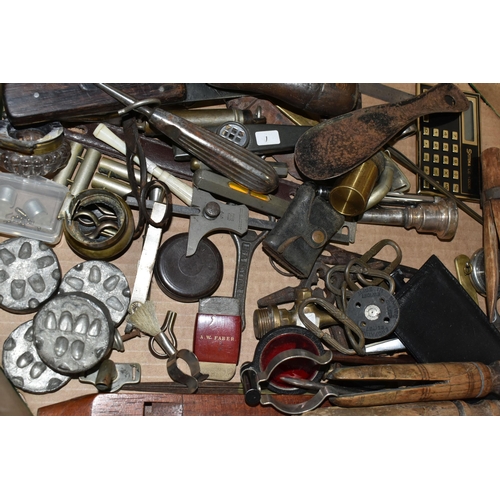 460 - TWO BOXES OF DOOR FURNITURE, VINTAGE TOOLS AND MISCELLANEOUS SUNDRIES, to include three vintage Diss... 