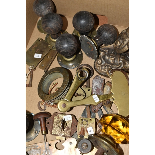 460 - TWO BOXES OF DOOR FURNITURE, VINTAGE TOOLS AND MISCELLANEOUS SUNDRIES, to include three vintage Diss... 