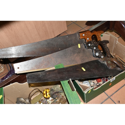 460 - TWO BOXES OF DOOR FURNITURE, VINTAGE TOOLS AND MISCELLANEOUS SUNDRIES, to include three vintage Diss... 