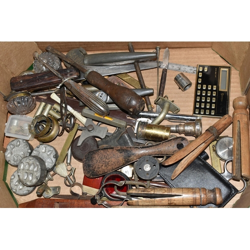 460 - TWO BOXES OF DOOR FURNITURE, VINTAGE TOOLS AND MISCELLANEOUS SUNDRIES, to include three vintage Diss... 