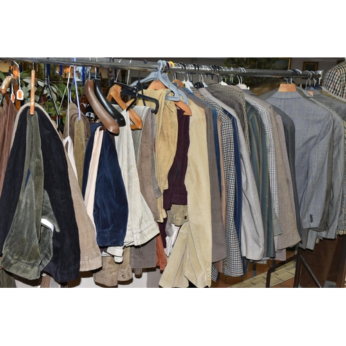 577 - A QUANTITY OF GENTLEMEN'S VINTAGE CLOTHING, comprising thirty four classic gentlemen's jackets, chec... 