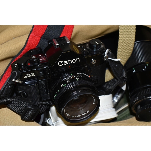 647 - CANON PHOTOGRAPHIC EQUIPMENT ETC, comprising a Canon A1 35mm SLR film camera body, 50mm f1.8 lens, 7... 