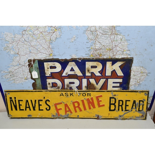 617 - THREE METAL ADVERTISING SIGNS, comprising a 'Neave's Farine Bread' sign, length 66cm x 15cm, a doubl... 