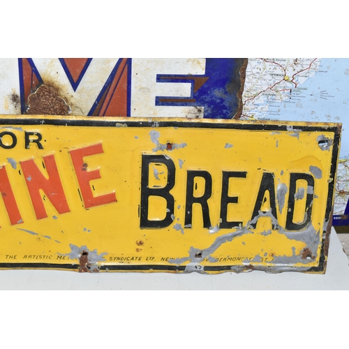 617 - THREE METAL ADVERTISING SIGNS, comprising a 'Neave's Farine Bread' sign, length 66cm x 15cm, a doubl... 