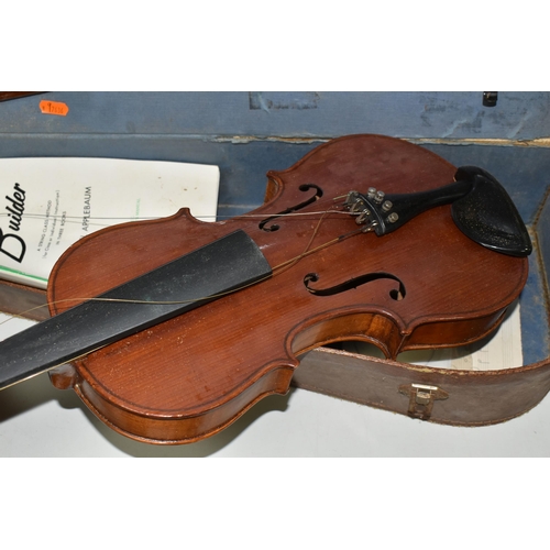 618 - A VIOLIN WITH BOW AND CASE, student violin, length of body 36.5cm, 60cm from scroll, broken strings,... 