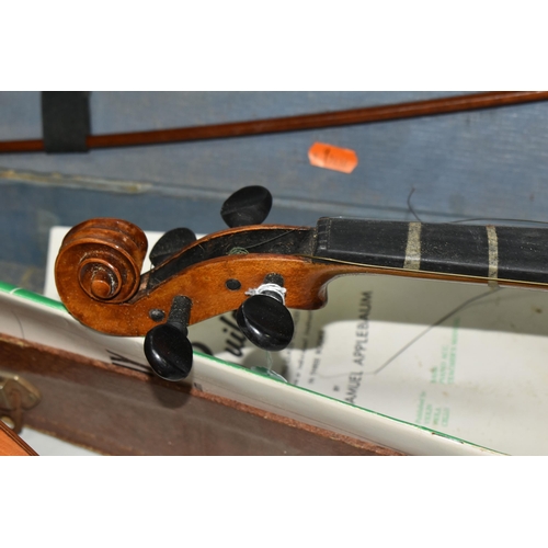 618 - A VIOLIN WITH BOW AND CASE, student violin, length of body 36.5cm, 60cm from scroll, broken strings,... 