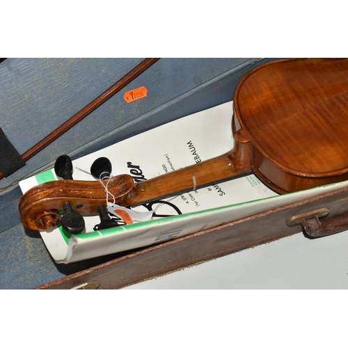 618 - A VIOLIN WITH BOW AND CASE, student violin, length of body 36.5cm, 60cm from scroll, broken strings,... 