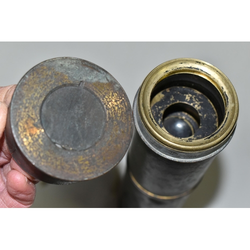 620 - A VICTORIAN BRASS THREE DRAW TELESCOPE, no makers marking, damage and wear to outer brass casing, ma... 