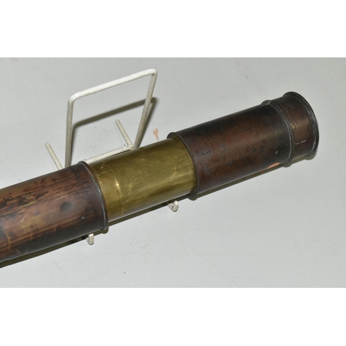 620 - A VICTORIAN BRASS THREE DRAW TELESCOPE, no makers marking, damage and wear to outer brass casing, ma... 