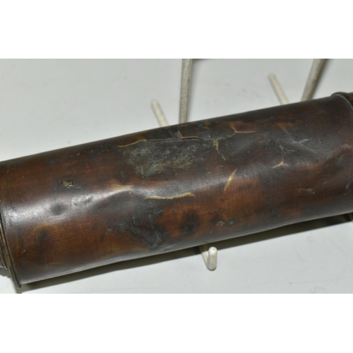 620 - A VICTORIAN BRASS THREE DRAW TELESCOPE, no makers marking, damage and wear to outer brass casing, ma... 