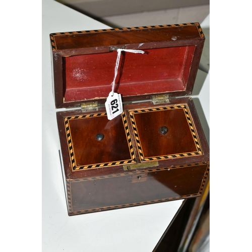 621 - A GEORGIAN MAHOGANY TWO COMPARTMENT TEA CADDY, approximate dimensions H12cm x W18cm x D10cm, Conditi... 