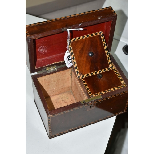 621 - A GEORGIAN MAHOGANY TWO COMPARTMENT TEA CADDY, approximate dimensions H12cm x W18cm x D10cm, Conditi... 