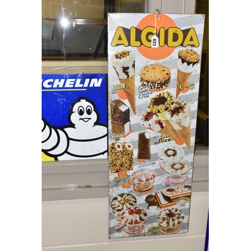 623 - THREE VINTAGE METAL ADVERTISING SIGNS, comprising an Italian Algida ice cream sign, approximate size... 