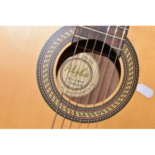 624 - AN ALPHA 200 MODEL SIX STRING ACOUSTIC GUITAR, natural finish to the top surface, together with a ha... 