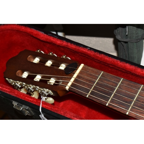 624 - AN ALPHA 200 MODEL SIX STRING ACOUSTIC GUITAR, natural finish to the top surface, together with a ha... 