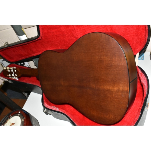 624 - AN ALPHA 200 MODEL SIX STRING ACOUSTIC GUITAR, natural finish to the top surface, together with a ha... 