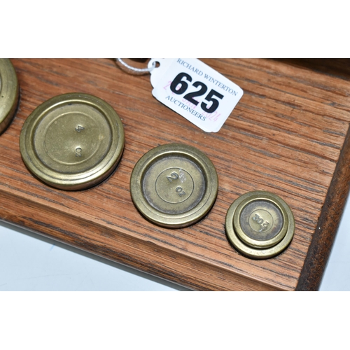 625 - A SET OF BRASS POSTAL SCALES, mounted on wooden plinth, no makers marks, complete with six brass wei... 