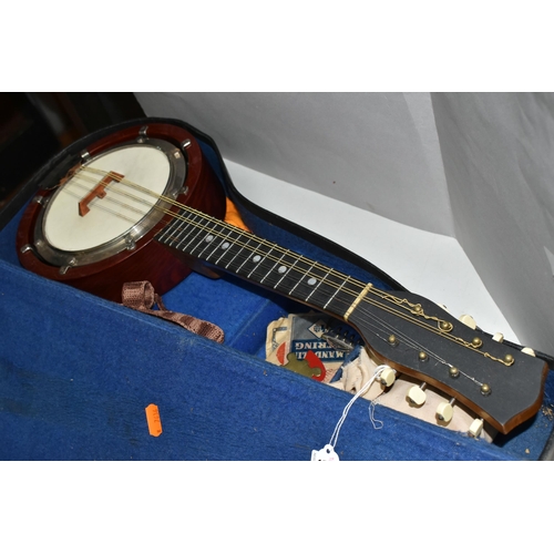 626 - AN UNBRANDED EIGHT STRINGED BANJOLIN, together with a hard case, some surface rust to the tailpiece ... 