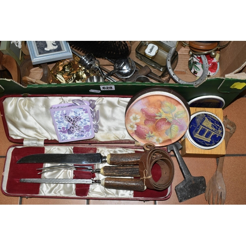 628 - TWO BOXES OF SUNDRY ITEMS AND JEWELLERY BOXES ETC, to include a horn handled carving set, quartz clo... 