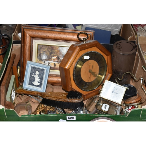 628 - TWO BOXES OF SUNDRY ITEMS AND JEWELLERY BOXES ETC, to include a horn handled carving set, quartz clo... 