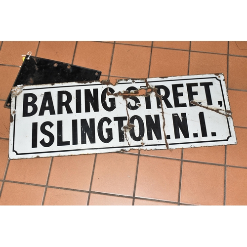 630 - TWO VINTAGE ENAMEL STREET SIGNS, comprising 'Baring Street, Islington N1' approximate size 341cm x 8... 