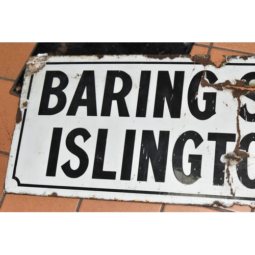 630 - TWO VINTAGE ENAMEL STREET SIGNS, comprising 'Baring Street, Islington N1' approximate size 341cm x 8... 