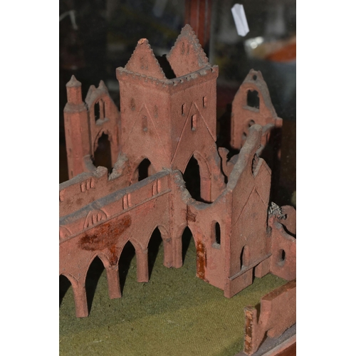 632 - A MODEL OF THE SWEET HEART ABBEY, New Abbey Dumfries in a wooden and glass glazed case, height 27cm ... 