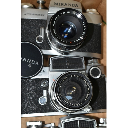 633 - SIX VINTAGE MIRANDA CAMERA BODIES AND FIVE MIRANDA LENSES, comprising four Sensorex bodies - one wit... 