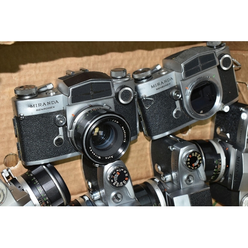 633 - SIX VINTAGE MIRANDA CAMERA BODIES AND FIVE MIRANDA LENSES, comprising four Sensorex bodies - one wit... 