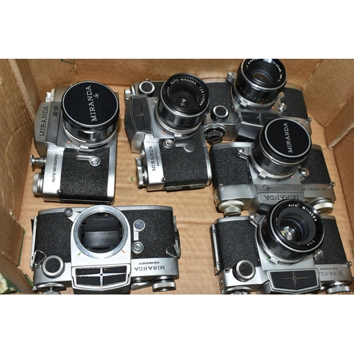 633 - SIX VINTAGE MIRANDA CAMERA BODIES AND FIVE MIRANDA LENSES, comprising four Sensorex bodies - one wit... 