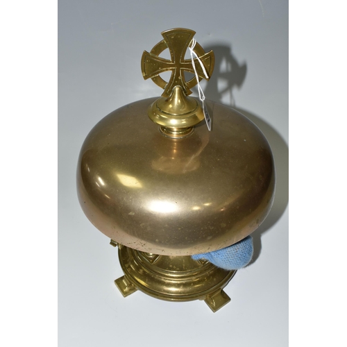 637 - A BRASS DOMED CHURCH ALTAR GONG, circular stepped base raised upon four feet, approximate height 36c... 