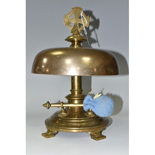 637 - A BRASS DOMED CHURCH ALTAR GONG, circular stepped base raised upon four feet, approximate height 36c... 