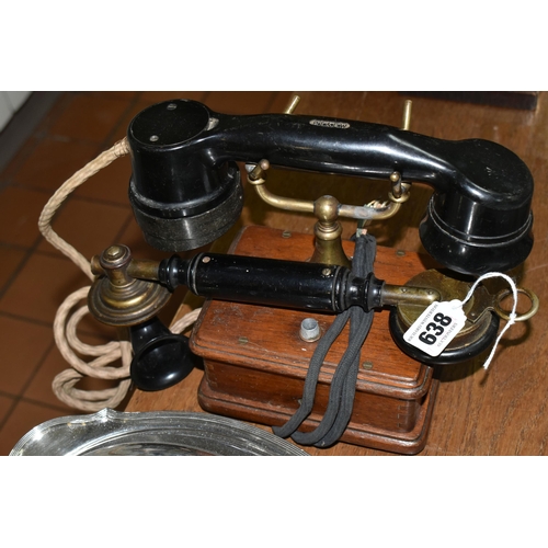 638 - A VINTAGE BAKELITE AND WOOD TELEPHONE AND SILVERPLATE COVERED SERVING DISH, the phone handset is mar... 