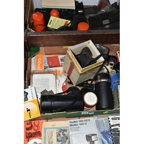 640 - THREE BOXES OF VINTAGE PHOTOGRAPHIC EQUIPMENT ETC, to include a Carl Zeiss 85mm f2.8 Sonnar bayonet ... 